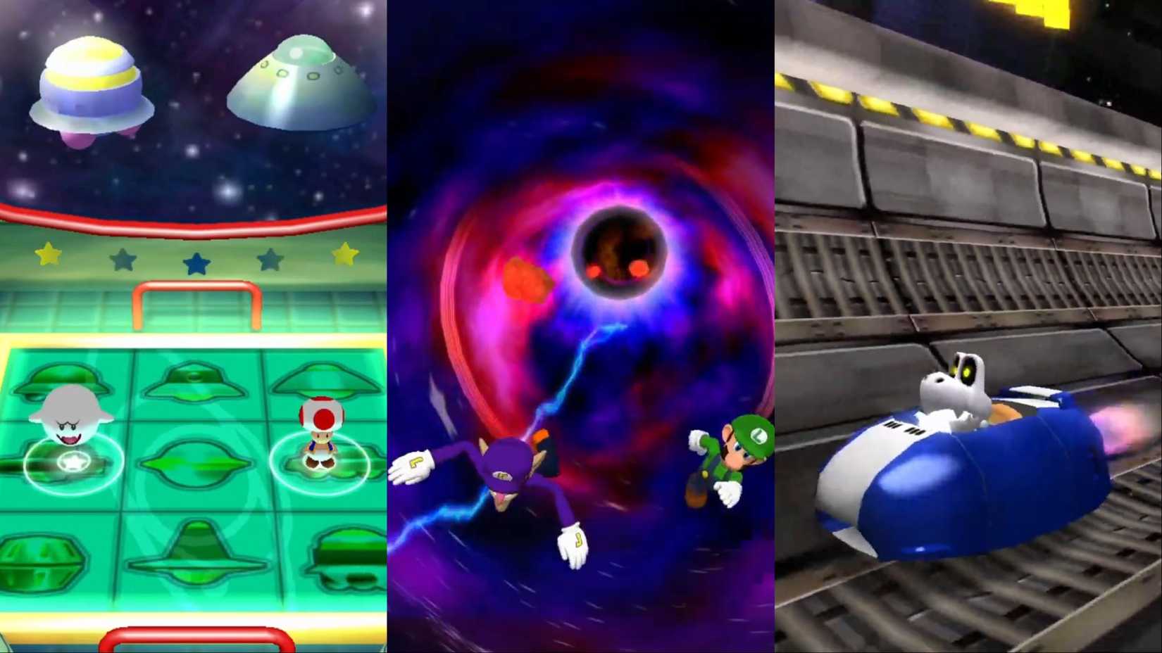 A collage of space-themed minigames across the Mario Party series.
