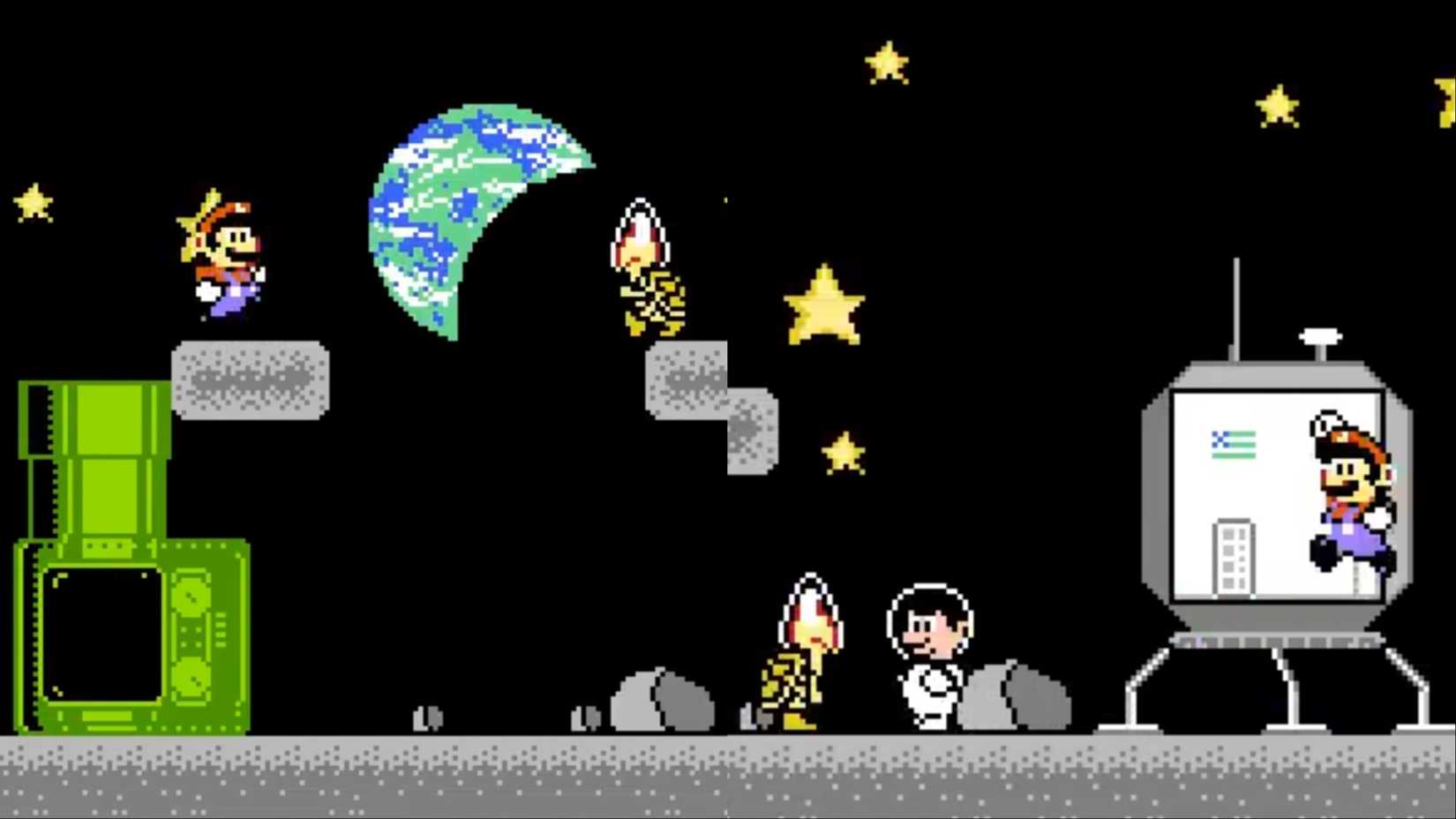 A collage of the 1969 Moon level in the NES version of Mario's Time Machine.