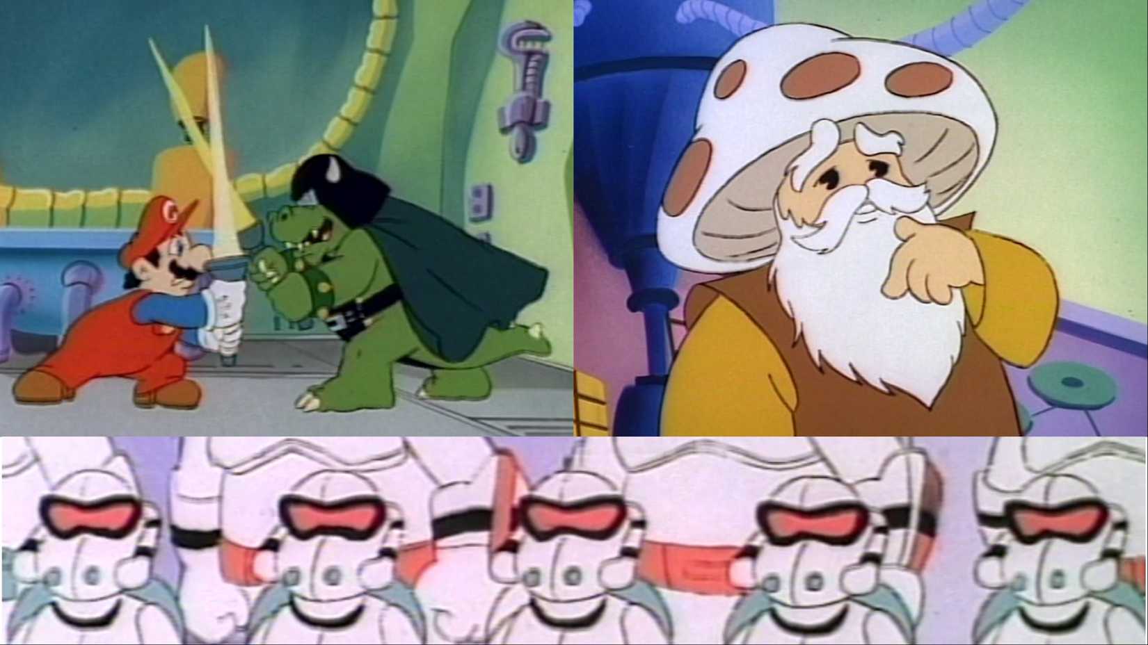 A collage of The Super Mario Bros. Show episode "Star Koopa," featuring Mario and Darth Koopa, Obi Wan Toadi, and Stormtroopas.