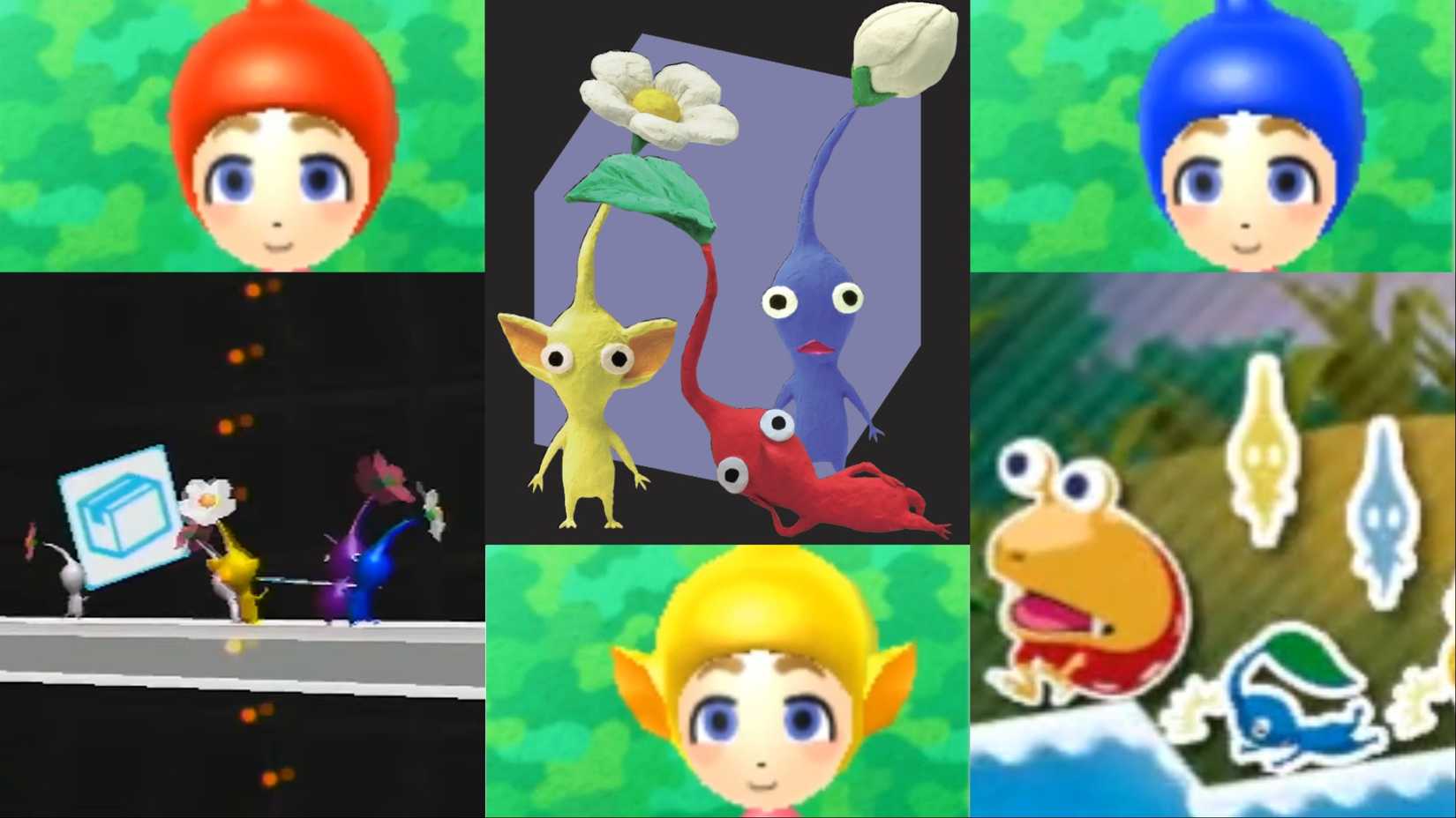 A collage of Pikmin appearances in Wii, Wii U and 3DS software.