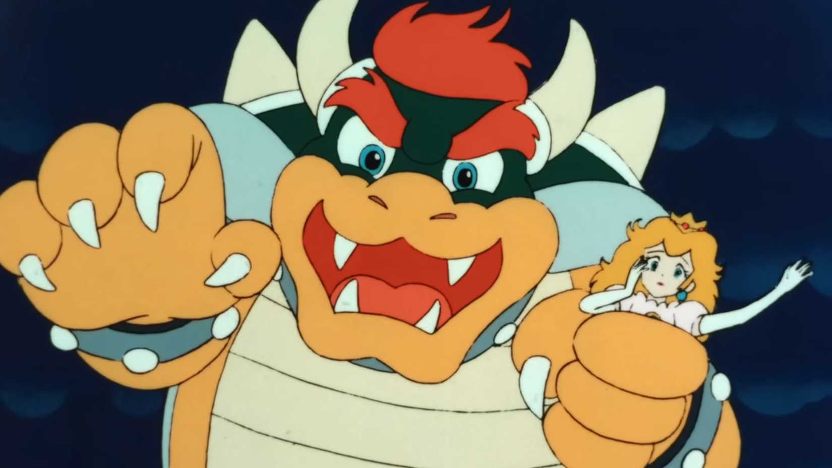 Bowser looking angry and holding Princess Peach in his left hand.