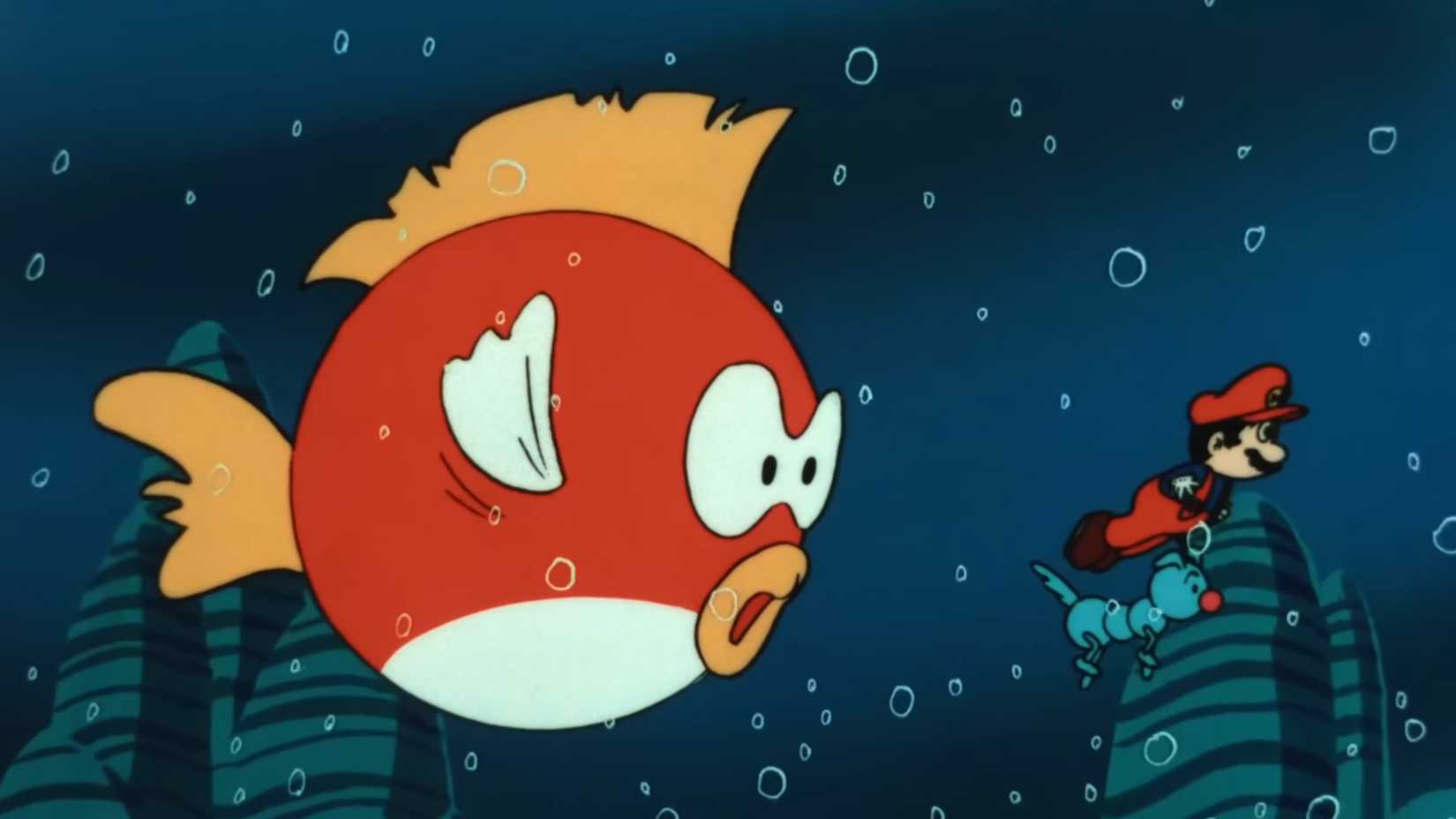 A giant Cheep-cheep pursues Mario and his dog companion Kibidango underwater.