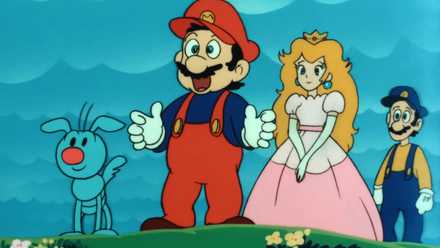 Kibidango, Mario, Princess Peach and Luigi are standing on a grassy hill.