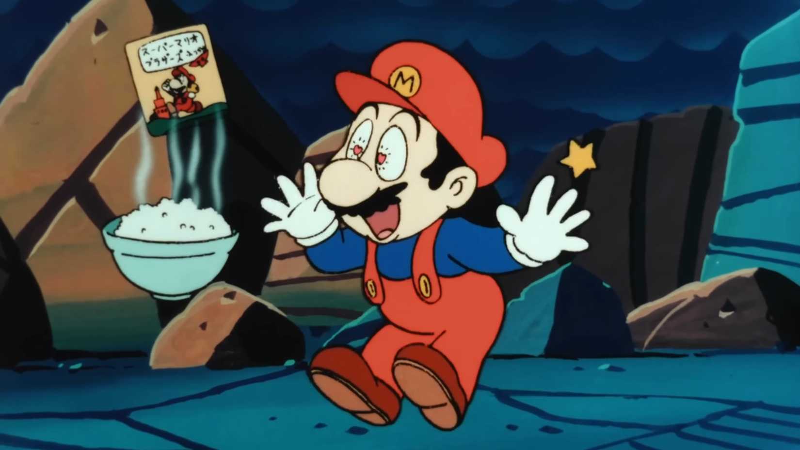 Mario looking lovingly at a packet of Super Mario-brand furikake.