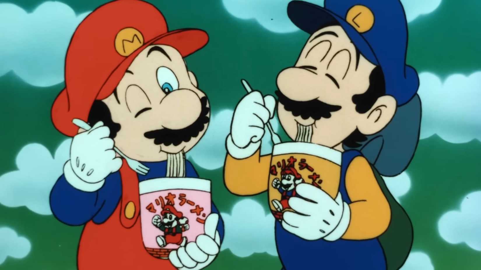 Mario and Luigi eating Super Mario-brand ramen.