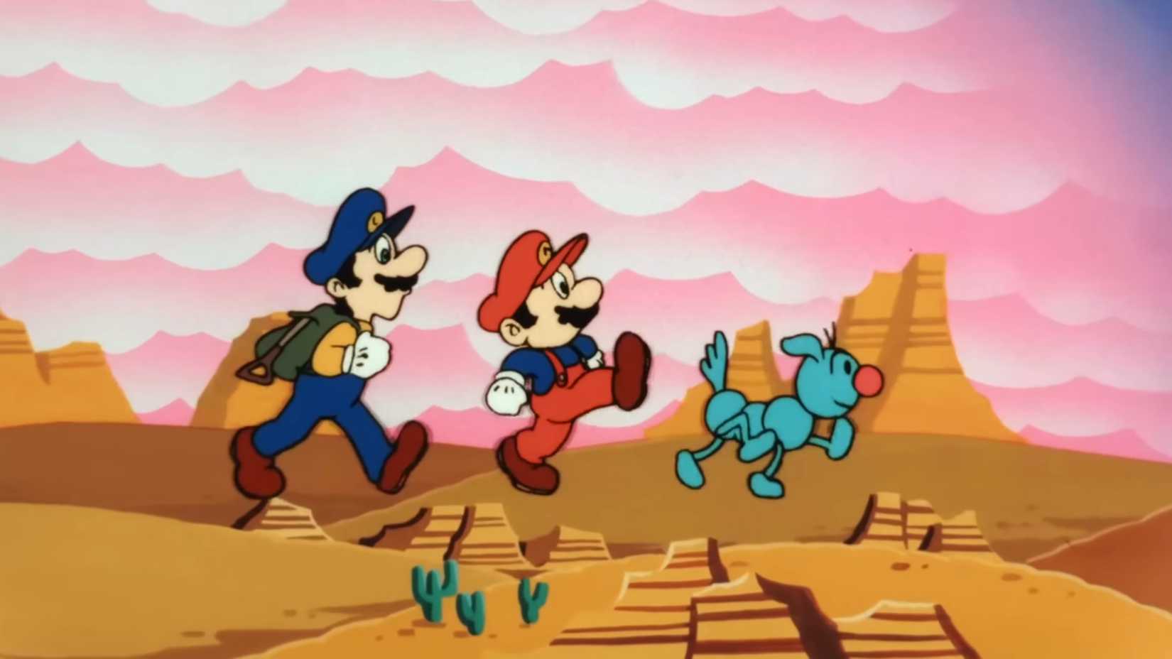 Mario, Luigi, and dog companion Kibidango are walking through a desert.