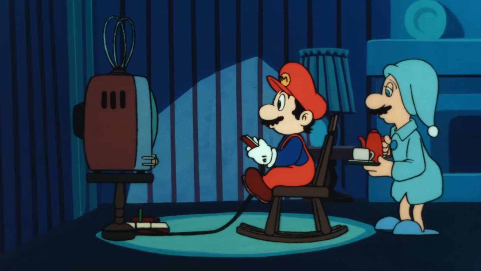 Mario playing Famicom late at night, with Luigi sleepily holding a tray behind him.