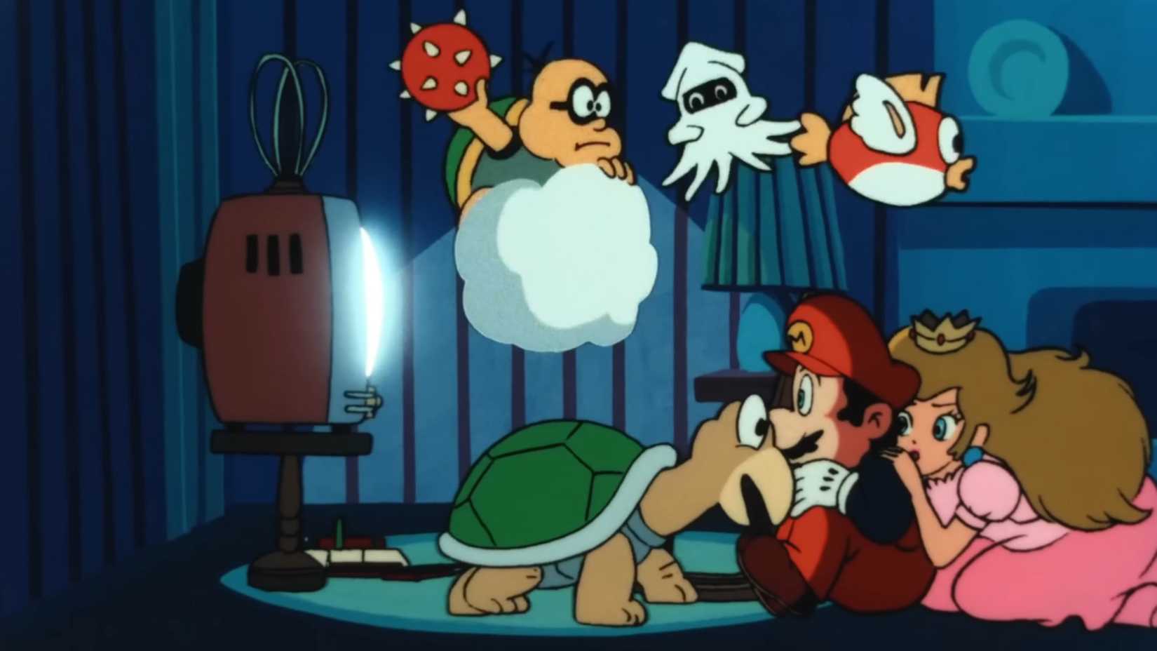 Princess Peach cowers behind Mario as a flurry of enemies come flying out of his television.