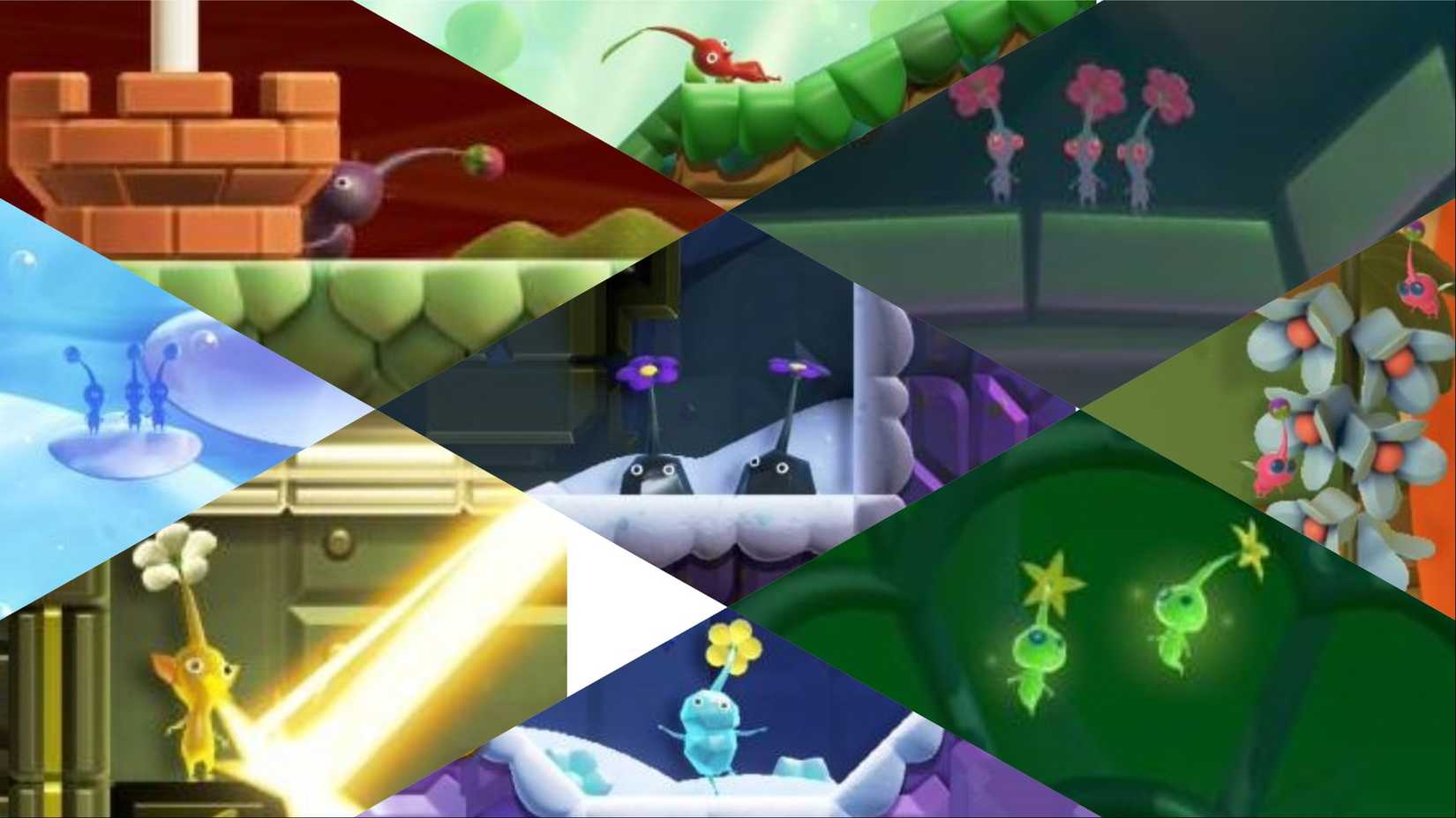 A collage of Pikmin appearances in Super Mario Bros. Wonder.