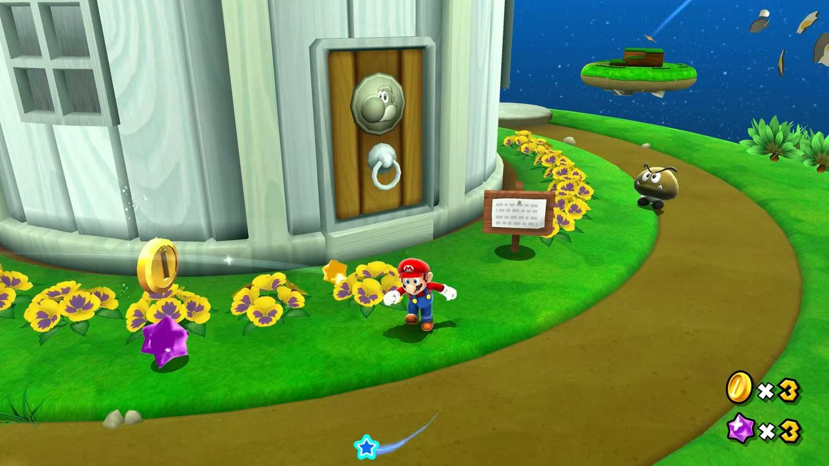 A screenshot of Yoshi's house from Super Mario Galaxy 2.