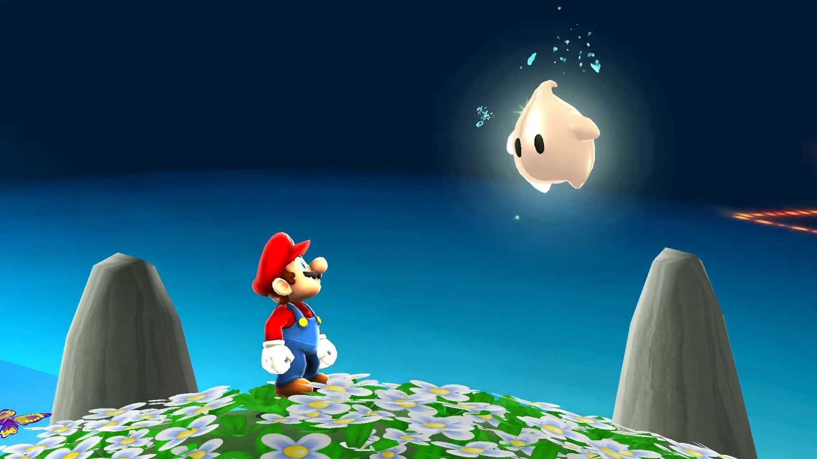 A screenshot of Mario meeting Baby Luma in Super Mario Galaxy.