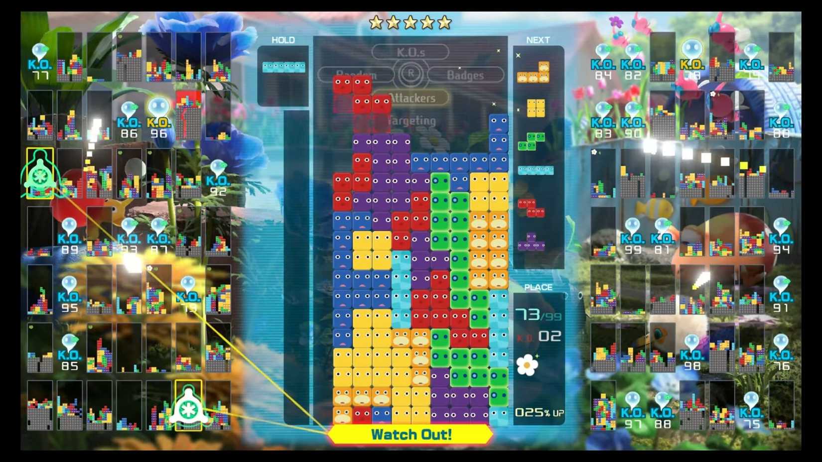 A screenshot of the Pikmin 4-themed Maximus Cup in Tetris 99.