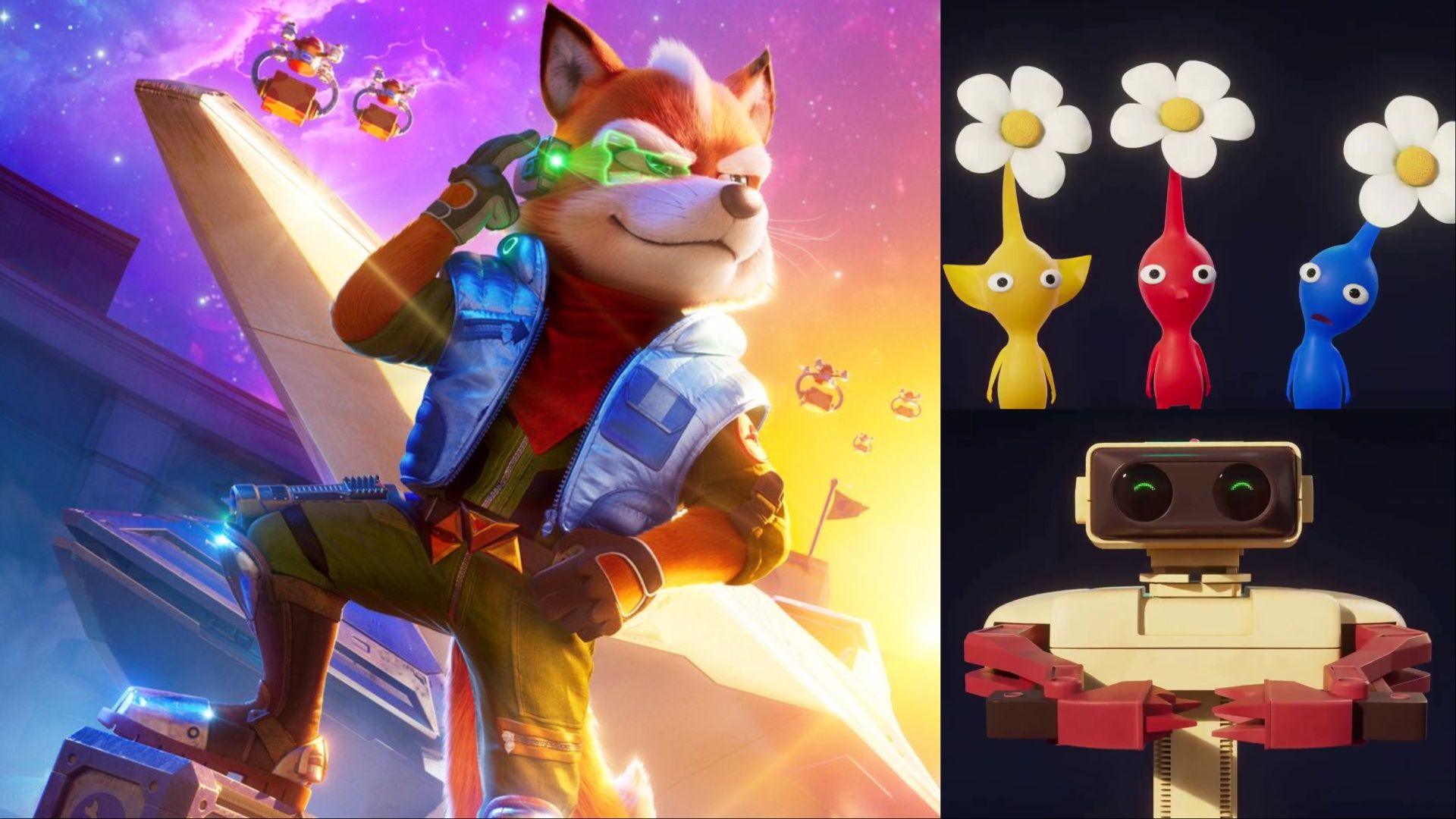 A collage showing promotional material featuring Fox McCloud, Pikmin and R.O.B.