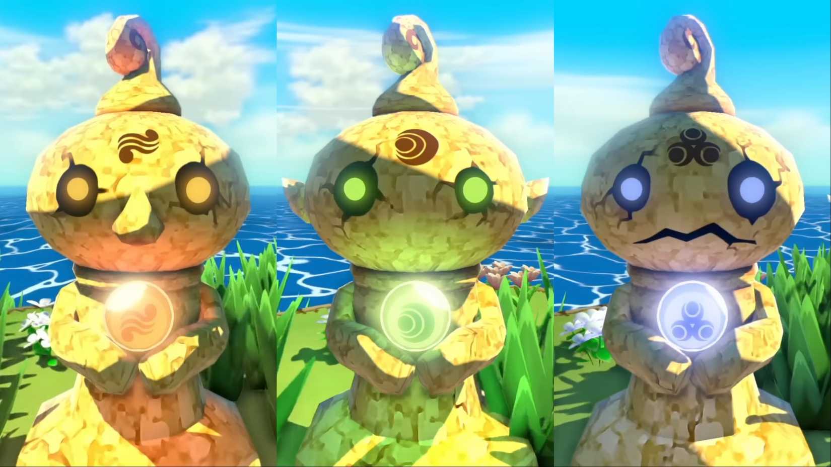 A collage of the three Triangle Island statues from The Wind Waker HD.