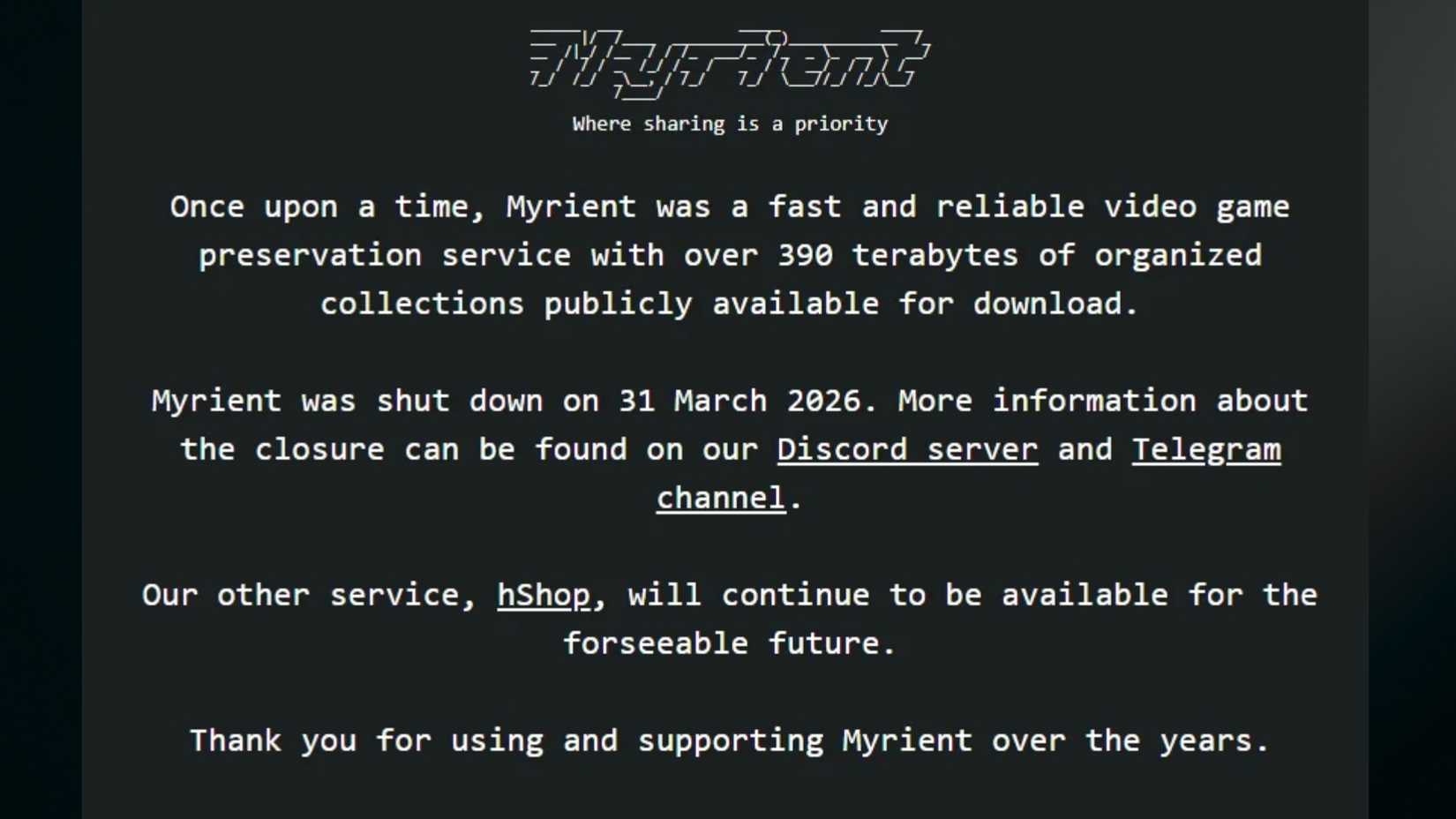 Myrient Farewell Message After Shutdown