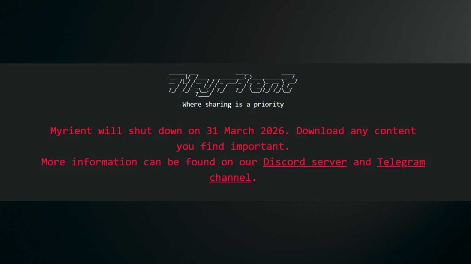 Myrient Message Before Shutdown