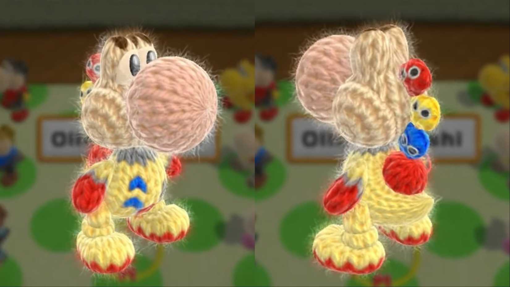 A collage of the Olimar amiibo costume from Yoshi's Woolly World, showing the front and back.