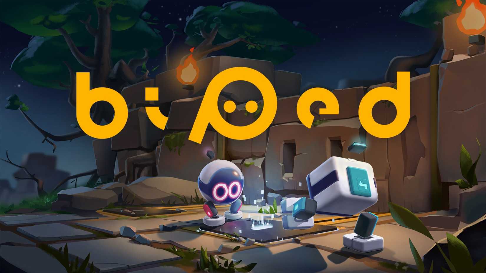 Image of the pink and blue robots from Biped pressing a switch with the logo
