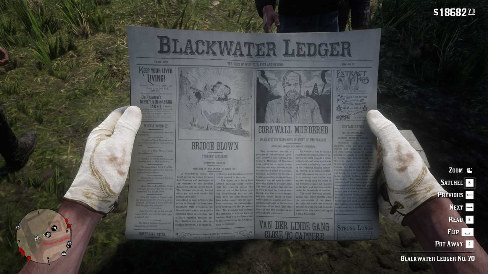 Blackwater Ledger Front Page Showing News of Cornwall's Death in Red Dead Redemption 2