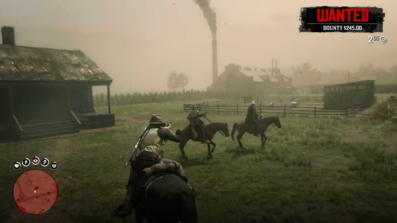 Two Bounty Hunters on Horseback in Front of John Marston on a Farm in Red Dead Redemption 2
