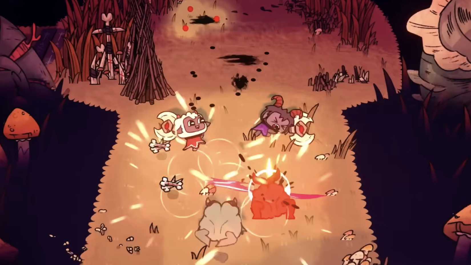 Cult of the Lamb screenshot with the Lamb and the Goat fighting in Anura