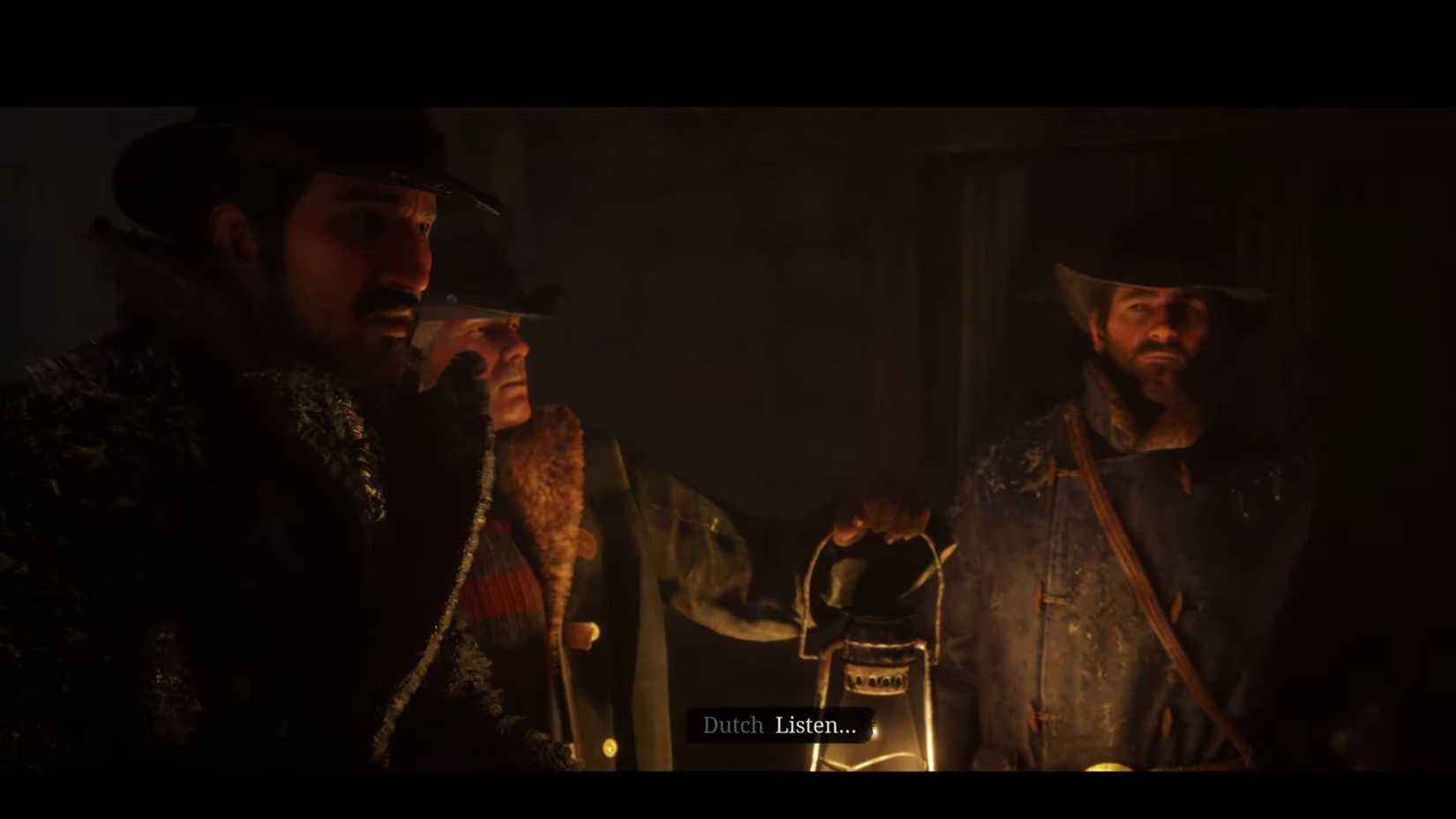Cutscene from the beginning of the story featuring Dutch, Artur and Hosea in Red Dead Redemption 2