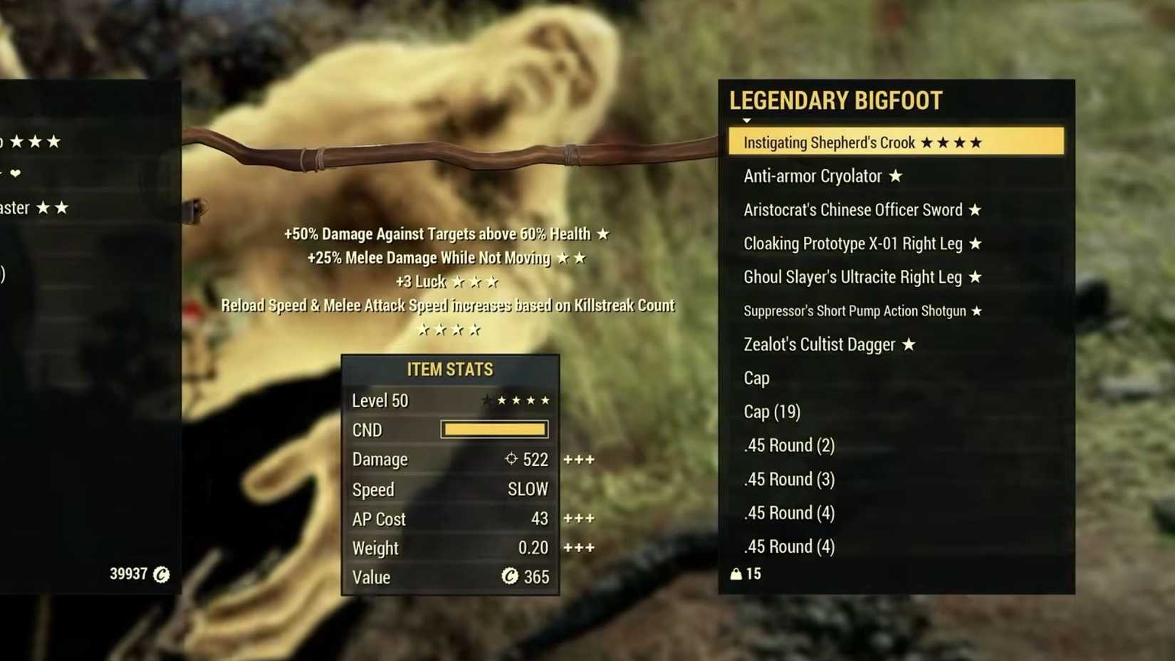 Fallout 76 Bigfoot Inventory Screen