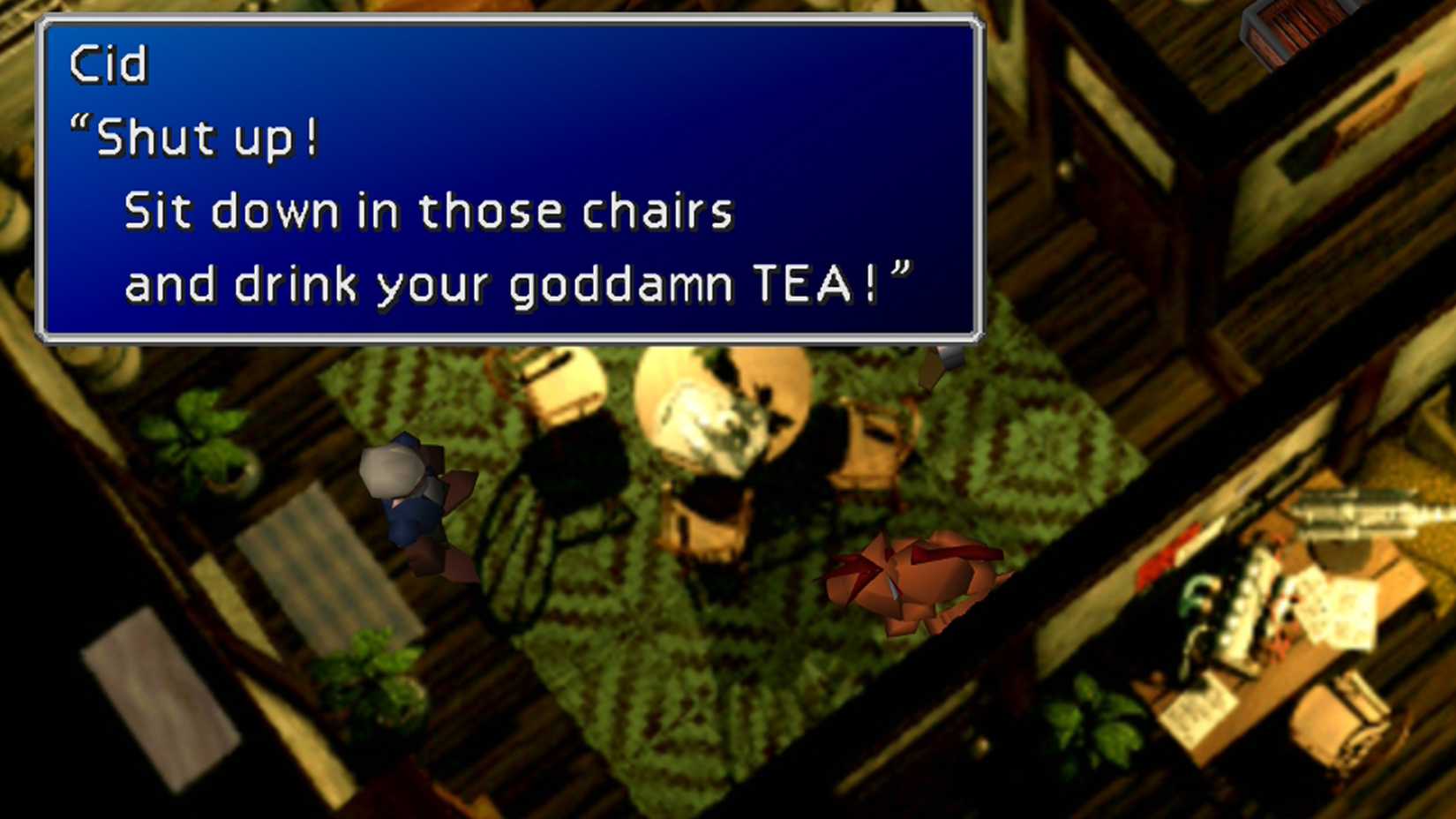 final fantasy 7 screenshot - cid demanding cloud and crew drink tea rudely