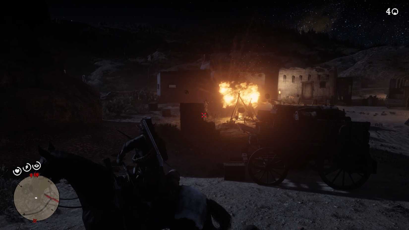 John Marston Blowing Up Three Guys Standing Around a Fire With a Dynamite Arrow in Red Dead Redemption 2