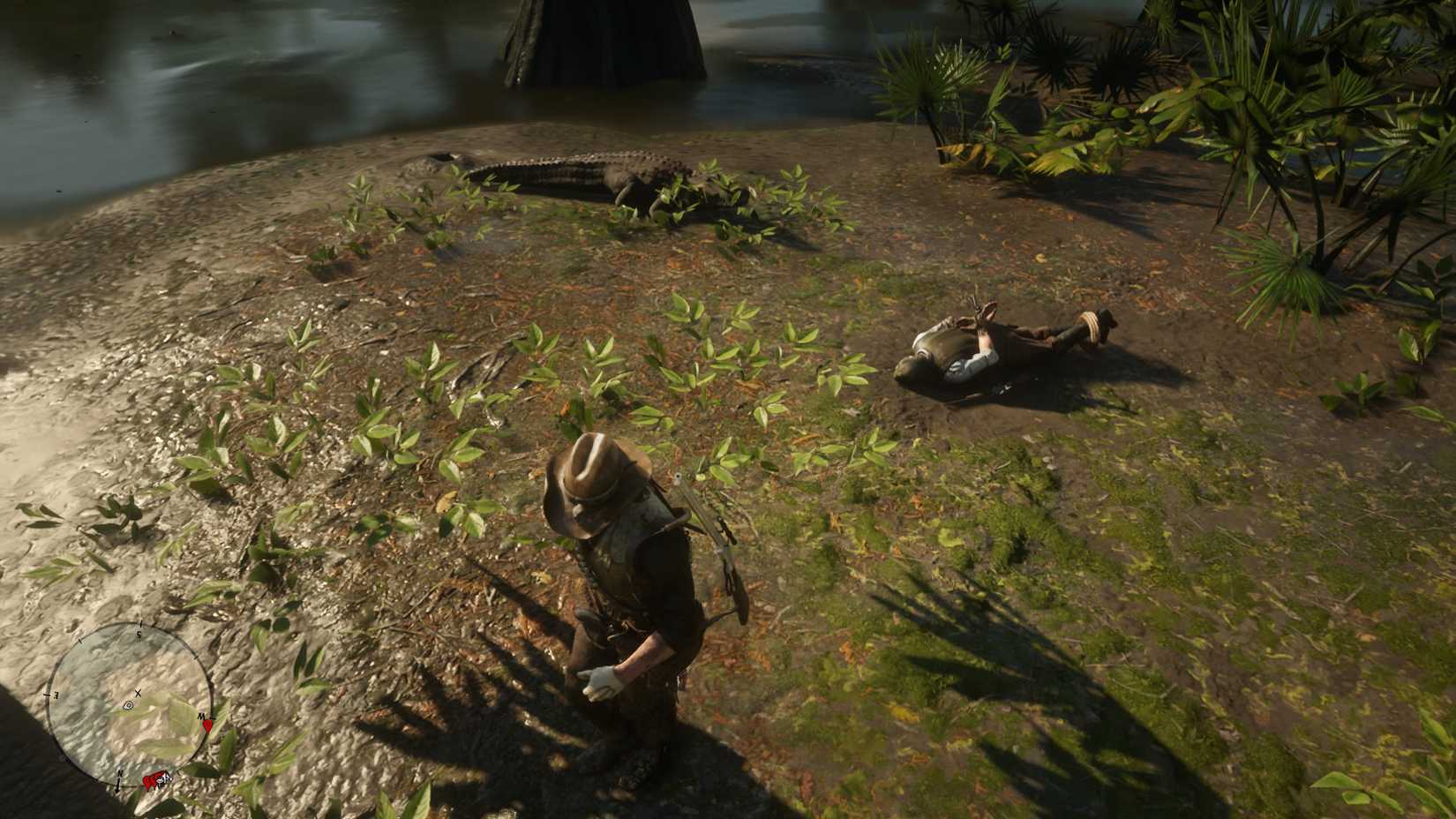 John Marston Dropping a Civilian in Front of an Aligator in Red Dead Redemption 2