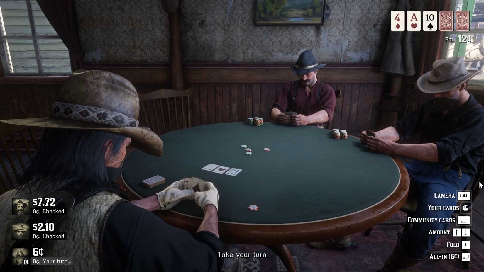 John Marston Playing Poker With Two Other Players in a Saloon in Red Dead Redemption 2