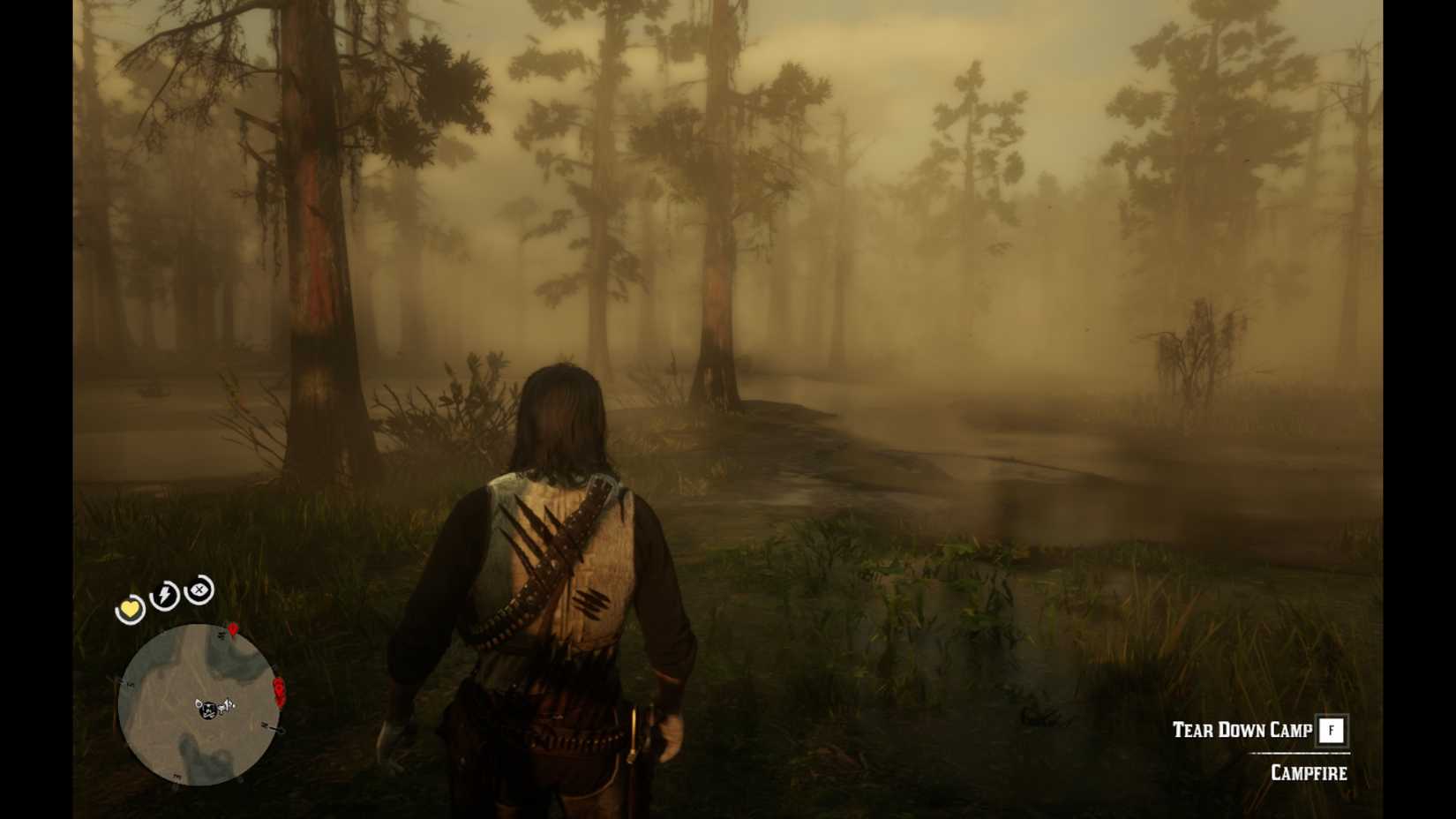 John Marston Standing in a Swamp With Bear Claw Marks in Red Dead Redemption 2