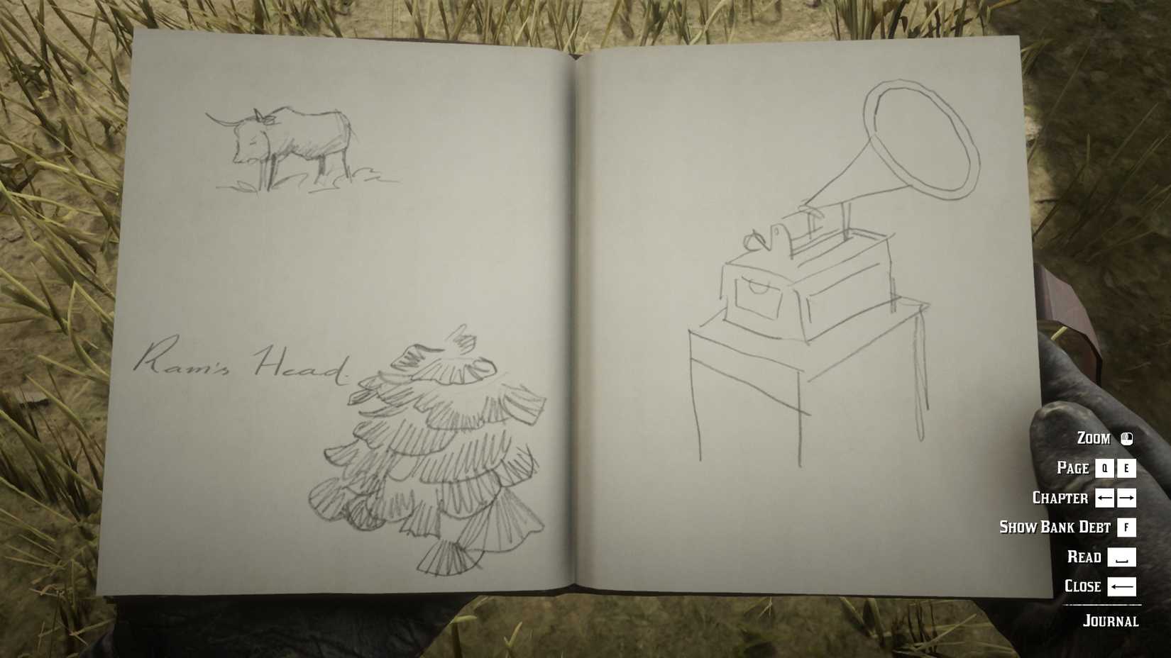John's and Arthur's Journal Showing a Bull, a Tree and a Gramophone in Red Dead Redemption 2