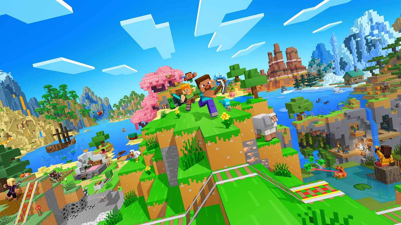 Minecraft Official Image of Bedrock Edition Showing Characters Running on Green Blocks