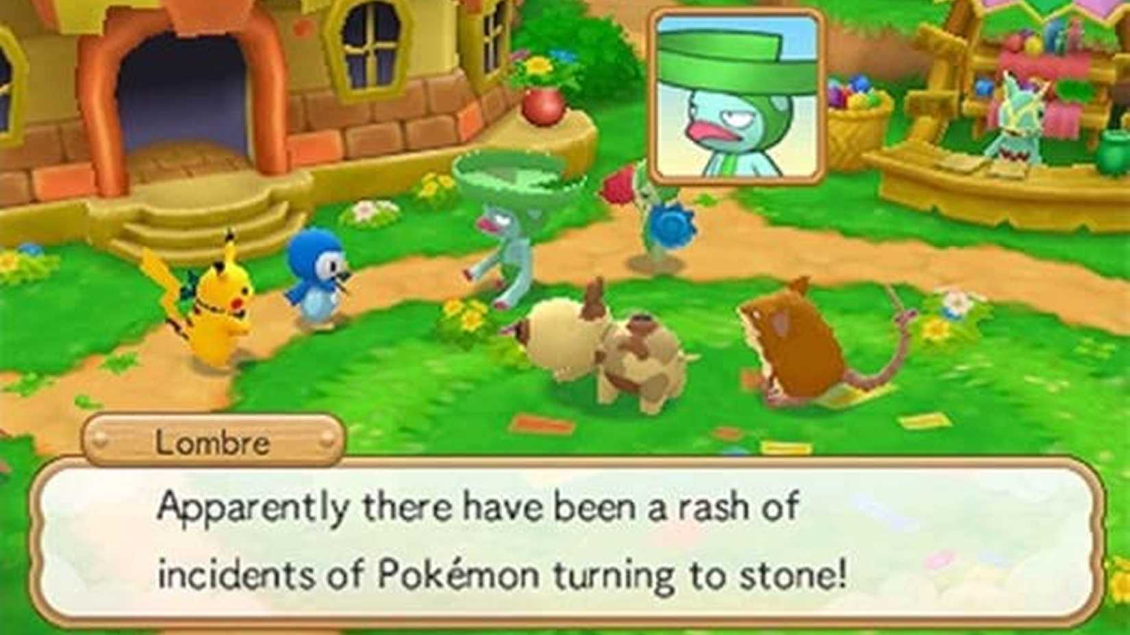 Lombre talking to the protagonists of Pokemon Super Mystery Dungeon