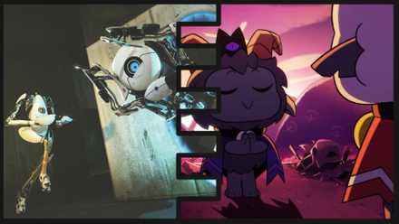 A photo combining a Portal 2 screenshot featuring Atlas and P-Body and a Cult of the Lamb animation frame with the Goat playing nice with the Lamb