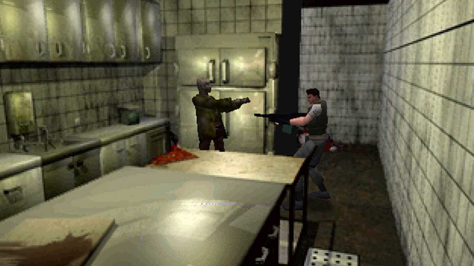 chris shooting a zombie in the kitchen