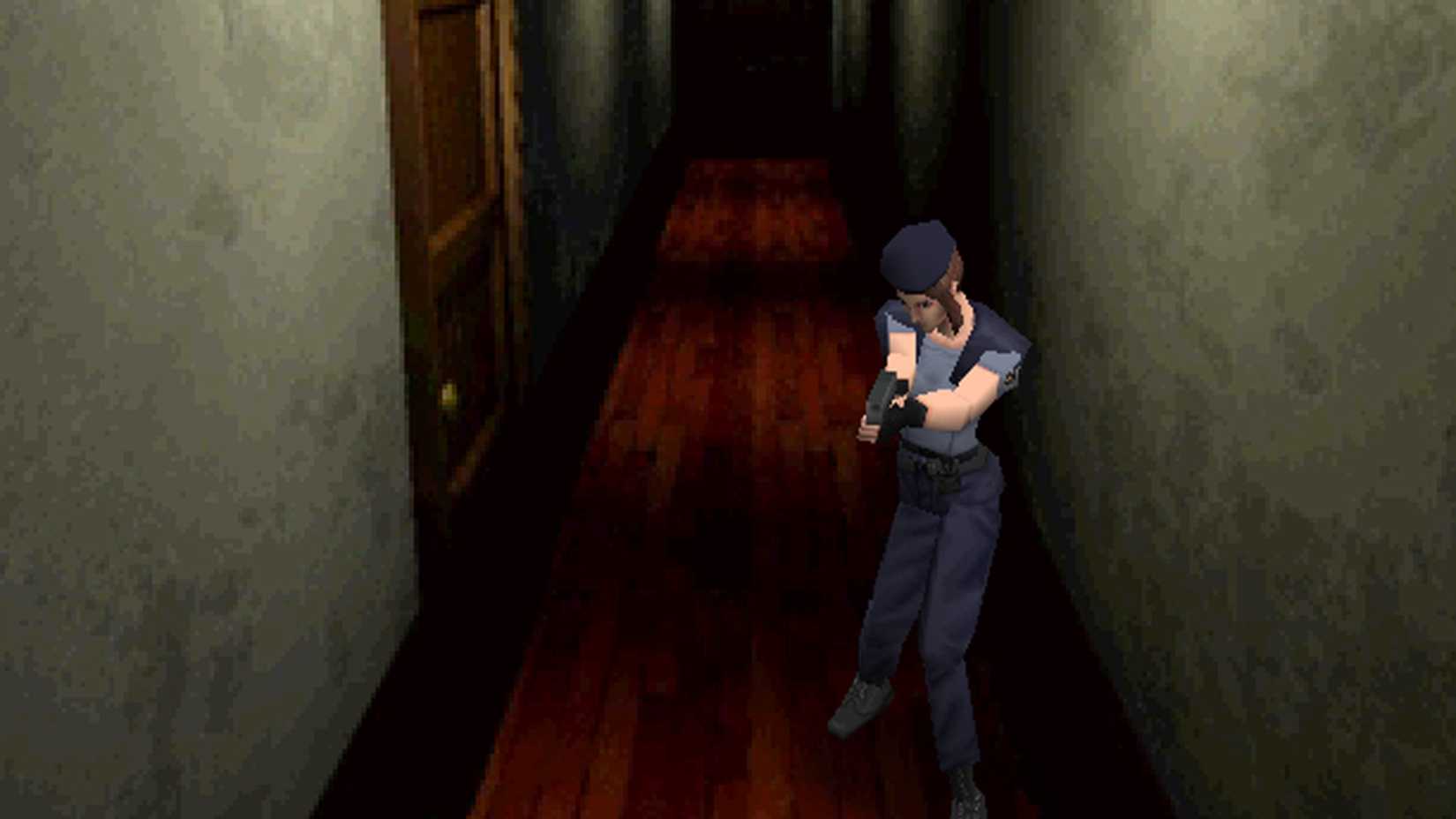 jill with a gun in a hallway