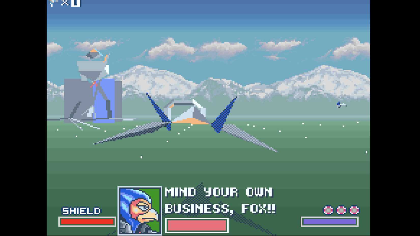 A screenshot from Star Fox SNES with Falco telling Fox to mind his own business.