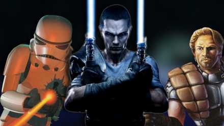 Collage of stormtrooper, Starkiller and Dash Rendar