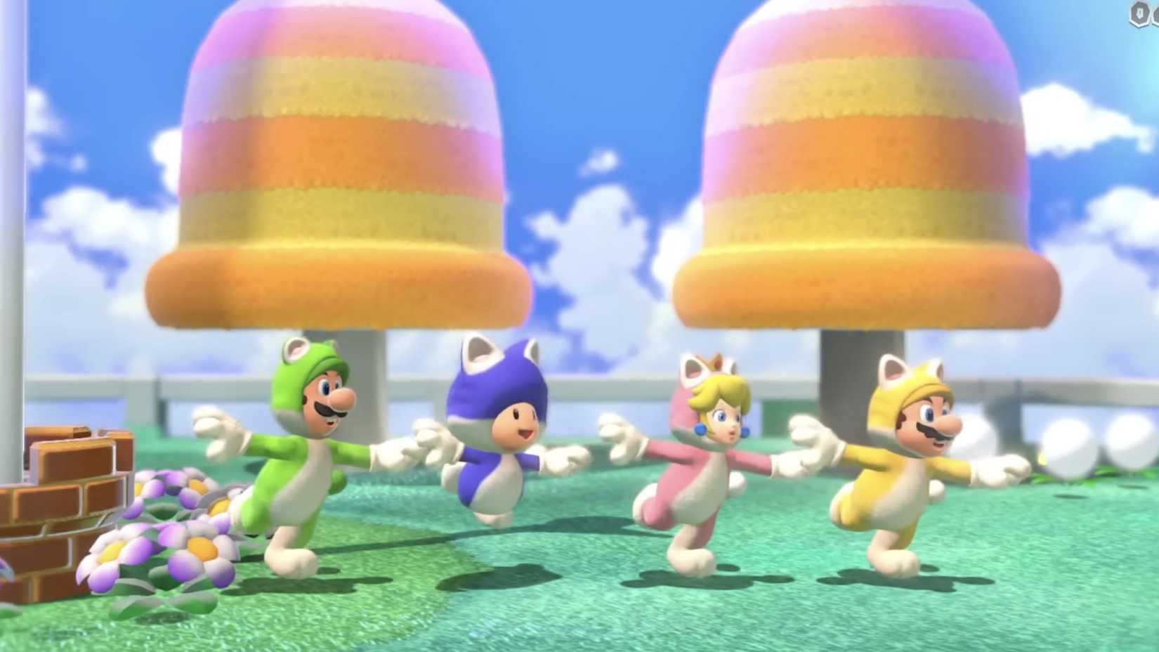Luigi, Toad, Peach, and Mario as cats clearing a course in Super Mario 3D World