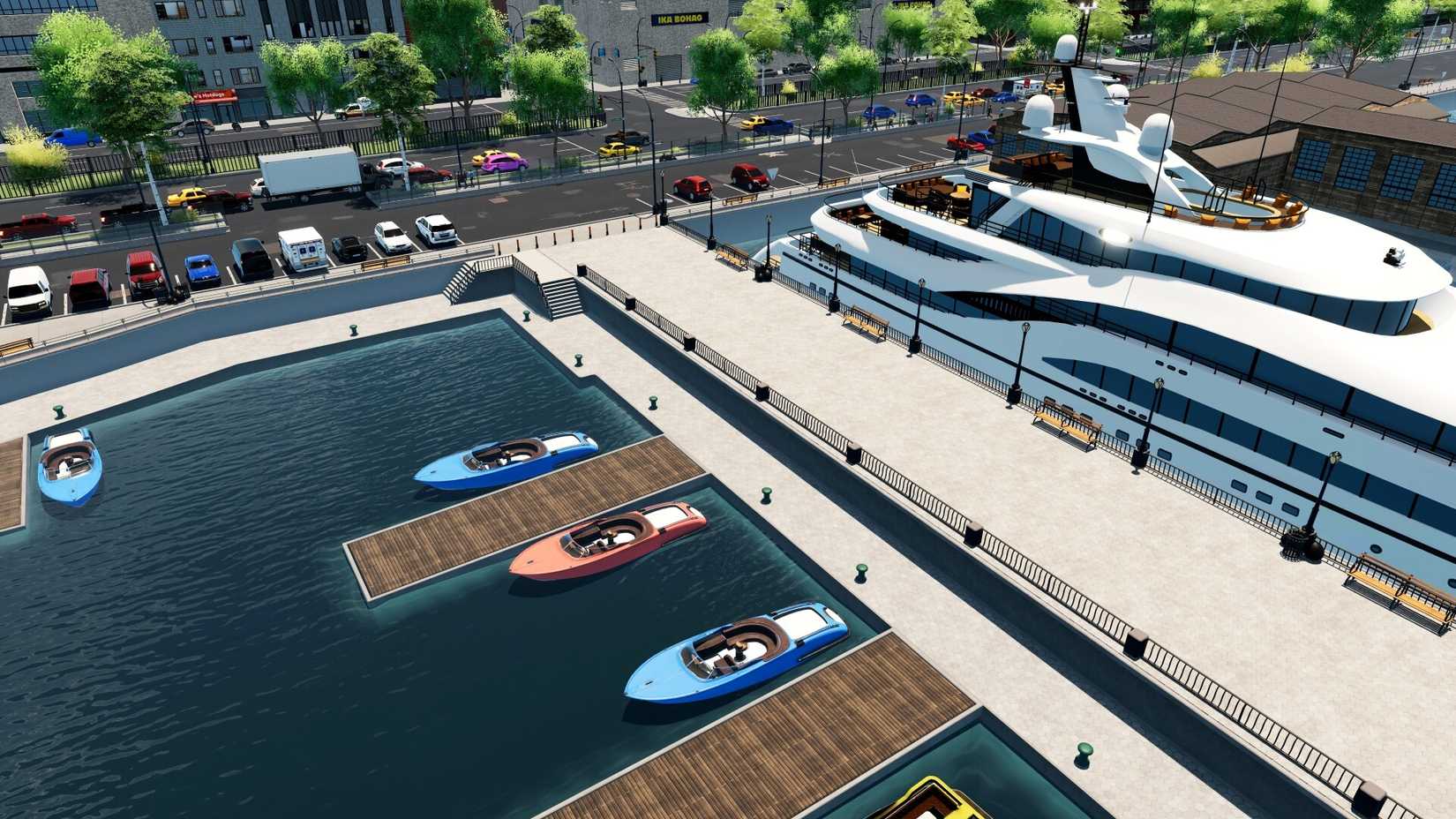 A very busy pier in Big Ambitions, complete with a yacht.
