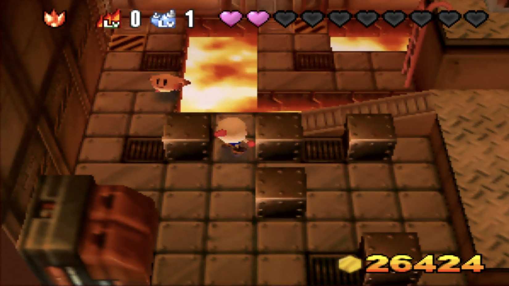 Screenshot from Bomberman 64: The Second Attack. Pommy is advancing towards the player.