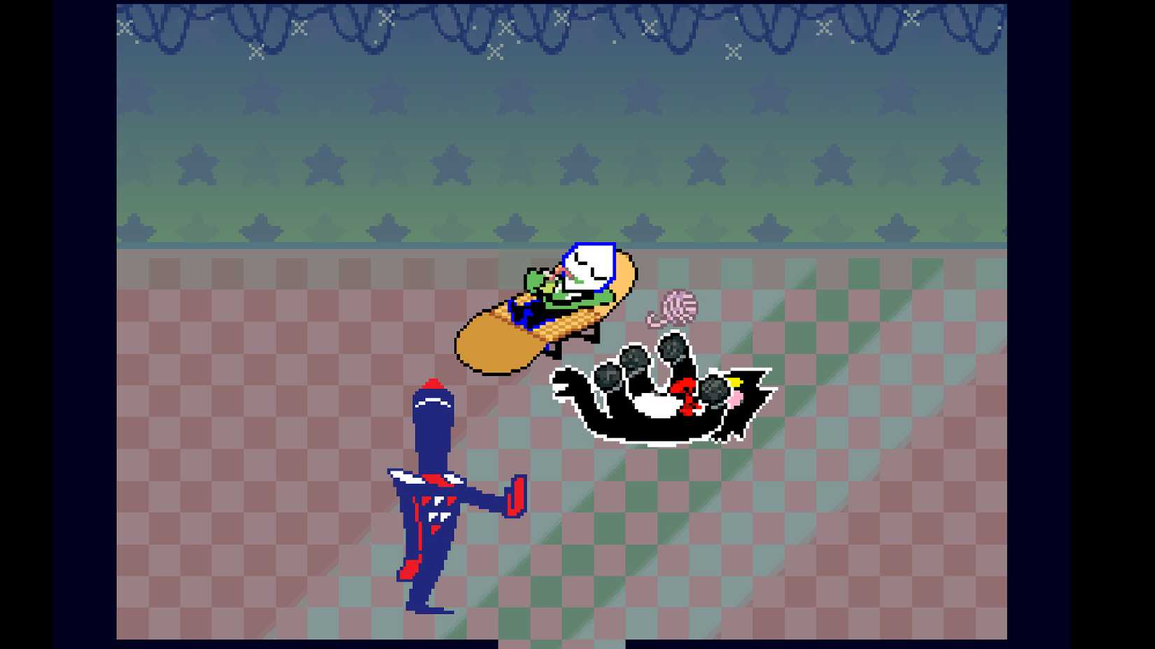 The Green Pippins, Cat Mike, and Zapper Mike relaxing in the Mike Room in Deltarune Chapter 5