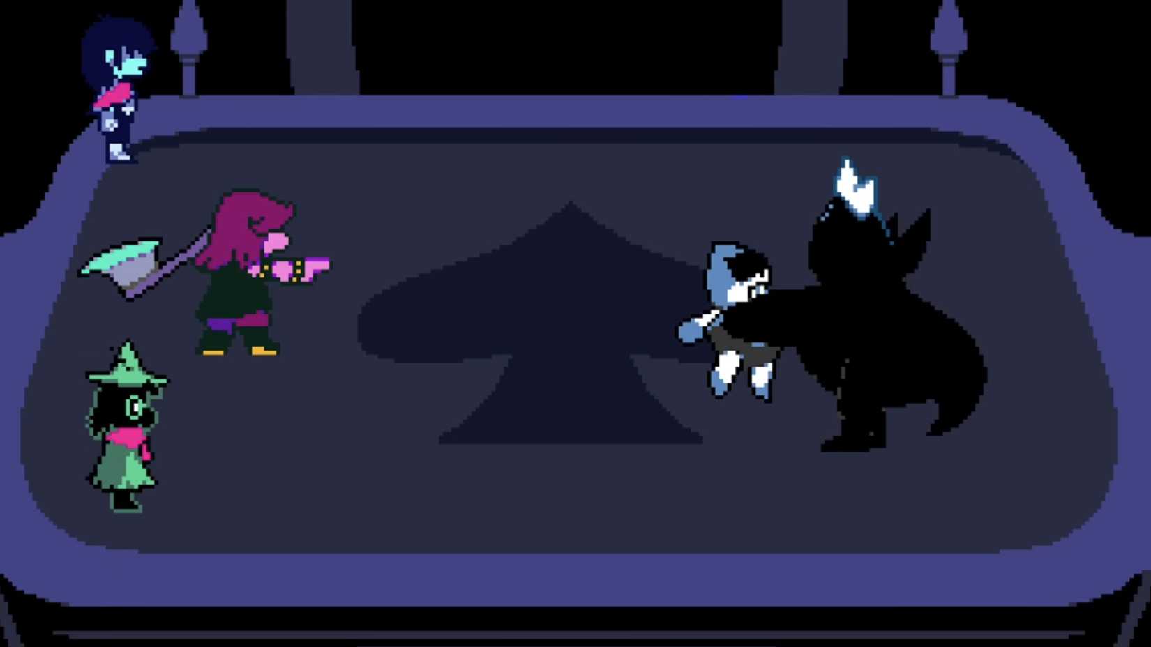 King holds Lancer by the throat and Susie threatens him to let the boy go in Deltarune Chapter 1