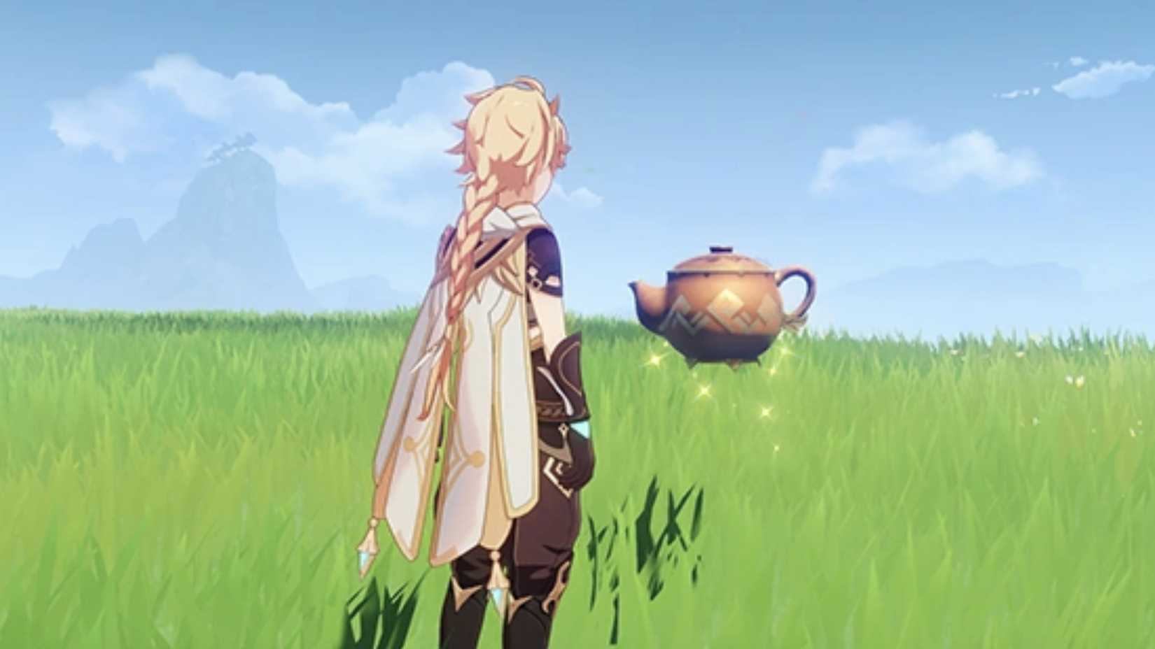 Genshin Aether standing in front of Serenitea Pot