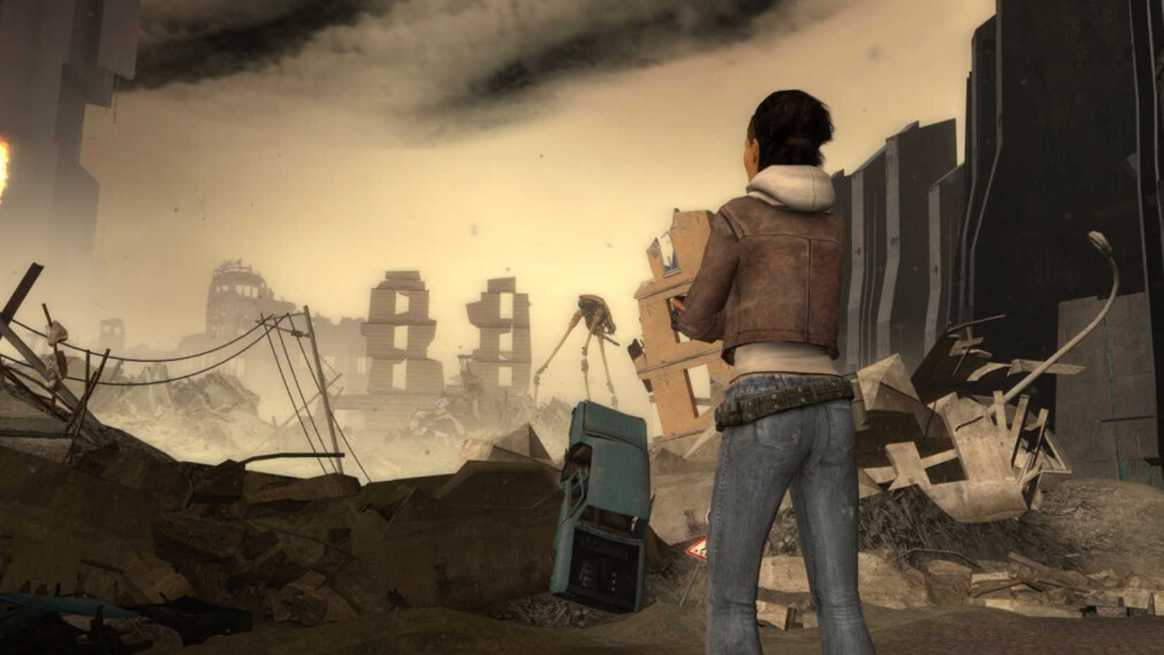 alyx standing in front of rubble