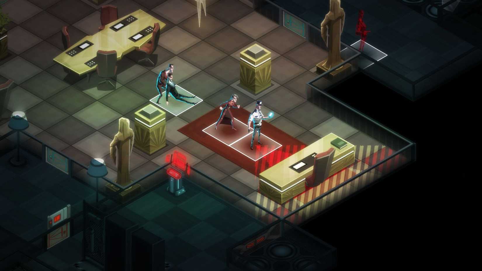 Invisible Inc player behind security guard