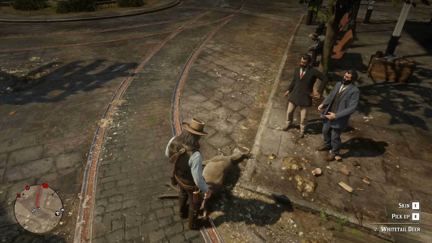 John Dropping a Dead Animal in Front of NPCs in Saint Denis in Red Dead Redemption 2