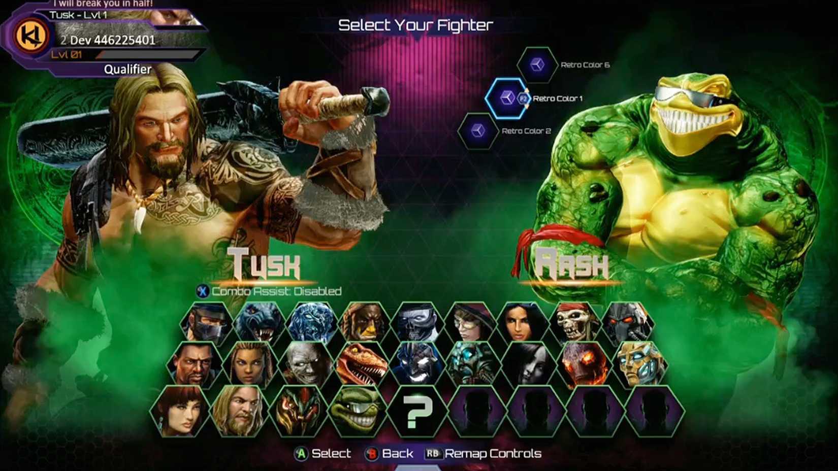 The character select of Killer Instinct (2013) with Tusk and Rash selected